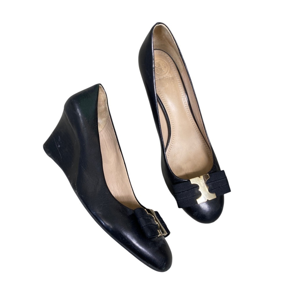 Tory Burch Gemini Black Wedge Heels with Bow size 9